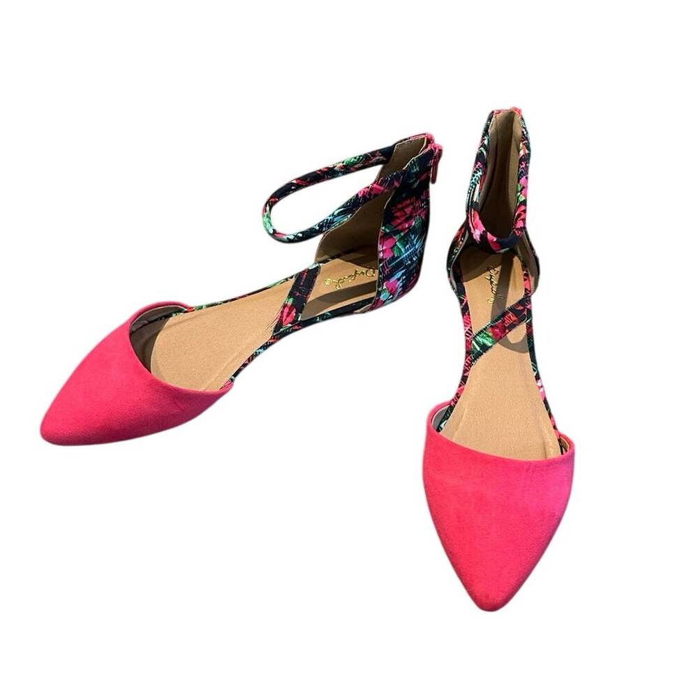 Qupid D’Orsay Pointed Toe Floral Ankle Strap Ballet Flats Hot Pink Womens 8 NWOT